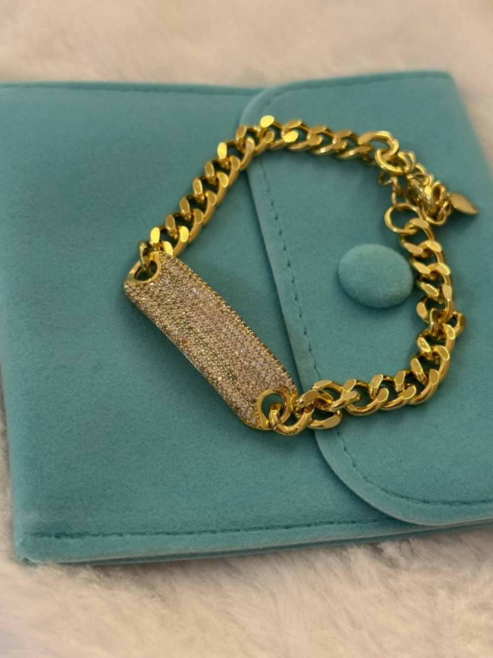 Gold Pave ID Plate Chain Bracelet - Turquoise Accent